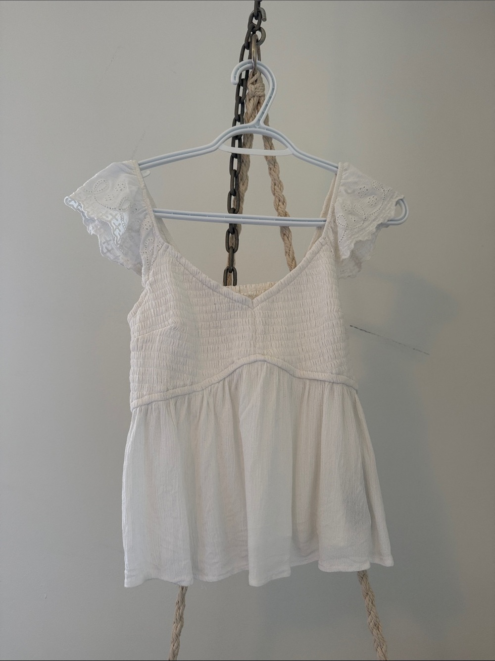 Hollister White Smocked Peplum Top with Eyelet Flutter Sleeves